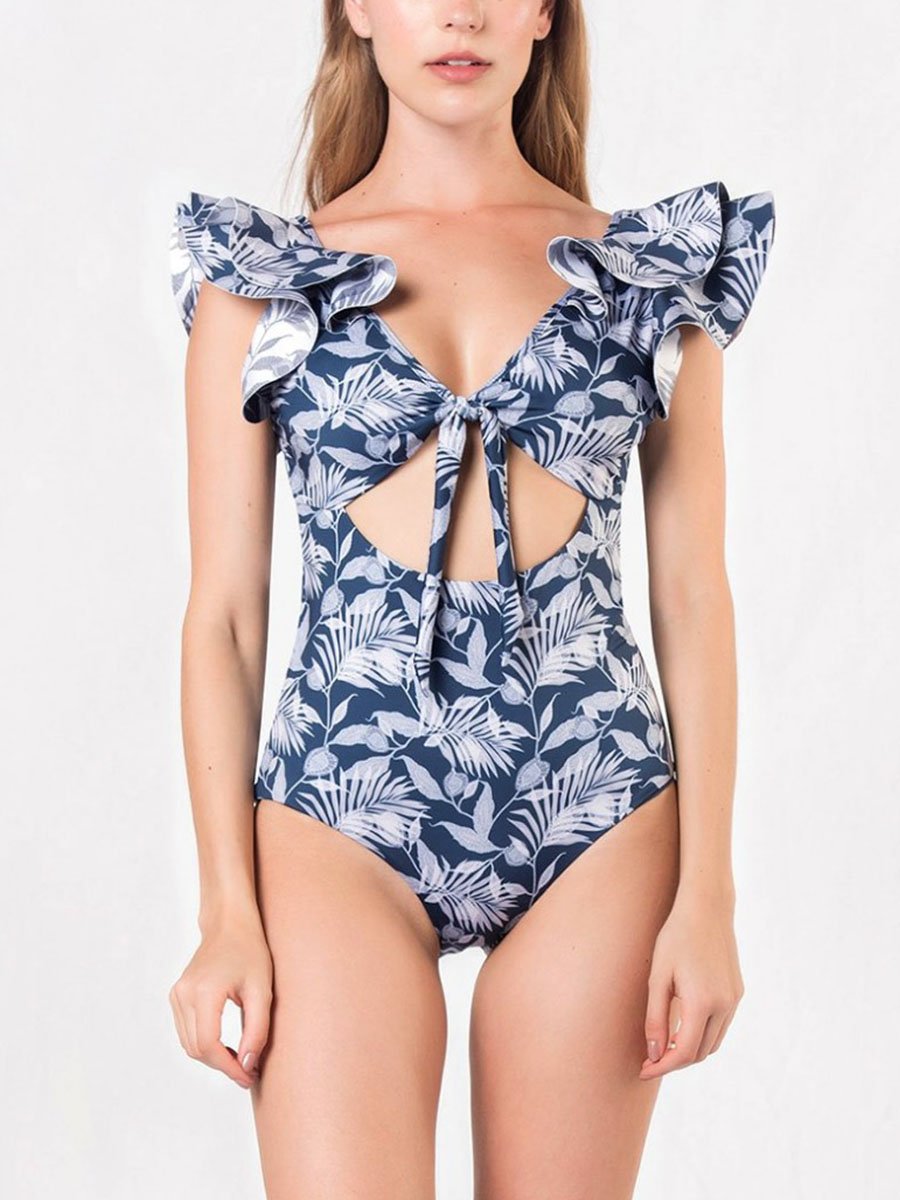 Plant Printed One-piece Swimsuit With Ruffle - Fashionpara