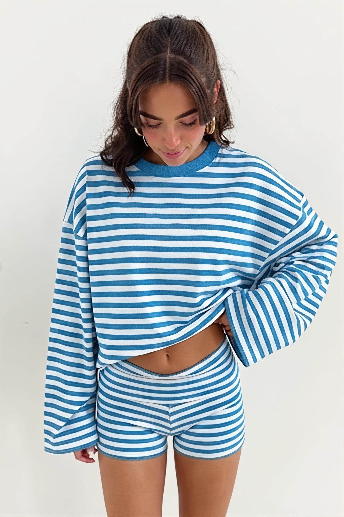 Striped Oversized Top and Shorts Lounge Set