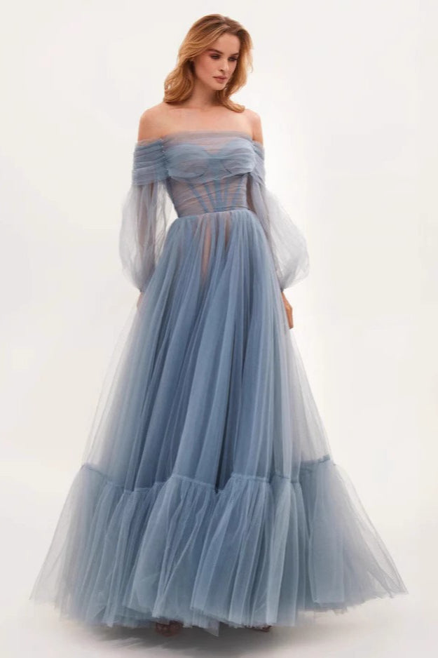 Tulle Off Shoulder Bishop Sleeve Corset A-Line Maxi Dress