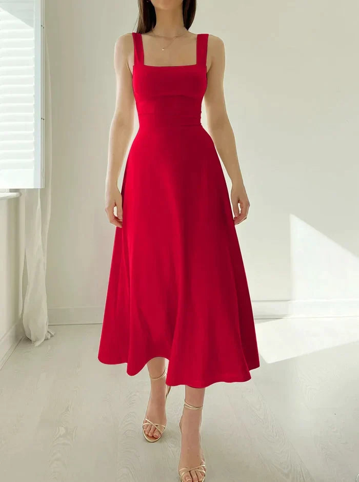 Square Neck Sleeveless Princess Seam A-Line Midi Dress