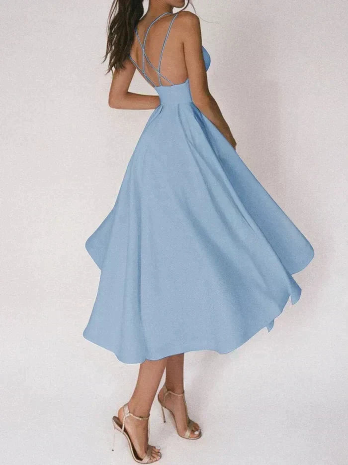 Double Strap Deep V-Neck Cinched Waist Midi Cocktail Dress - View 12