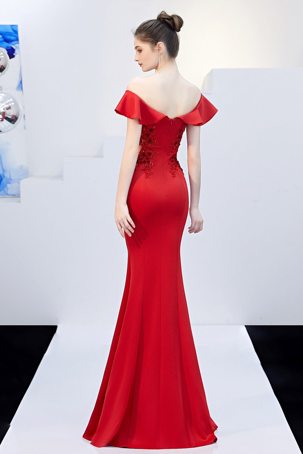 Off Shoulder Ruffle Beaded Mermaid Formal Gown - View 24