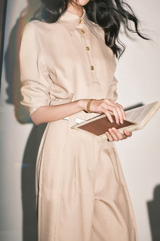 Tailored Twill Asymmetrical Cut Blouse Pants Two Piece Set