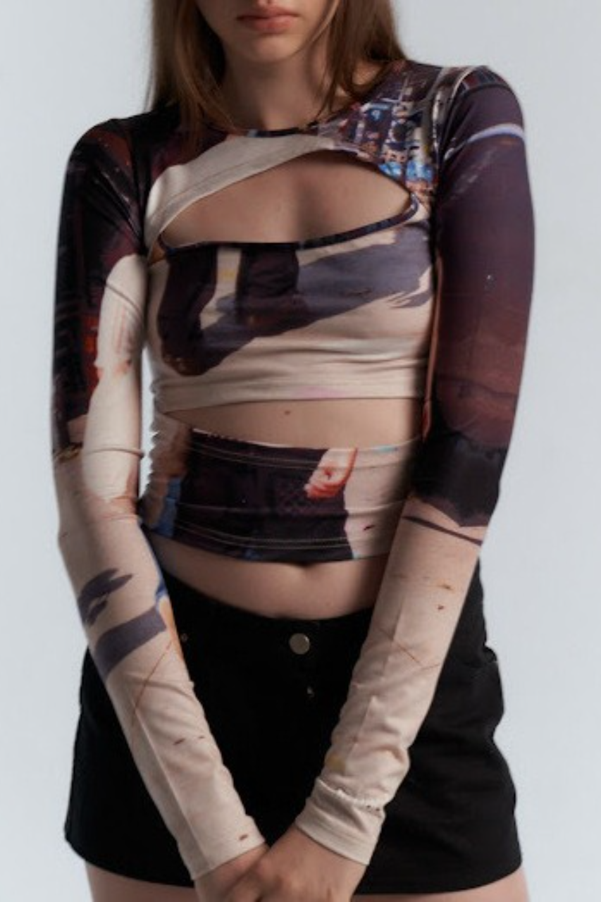 Y2K Cutout Slim Asymmetric Print Long Sleeve Crop Top