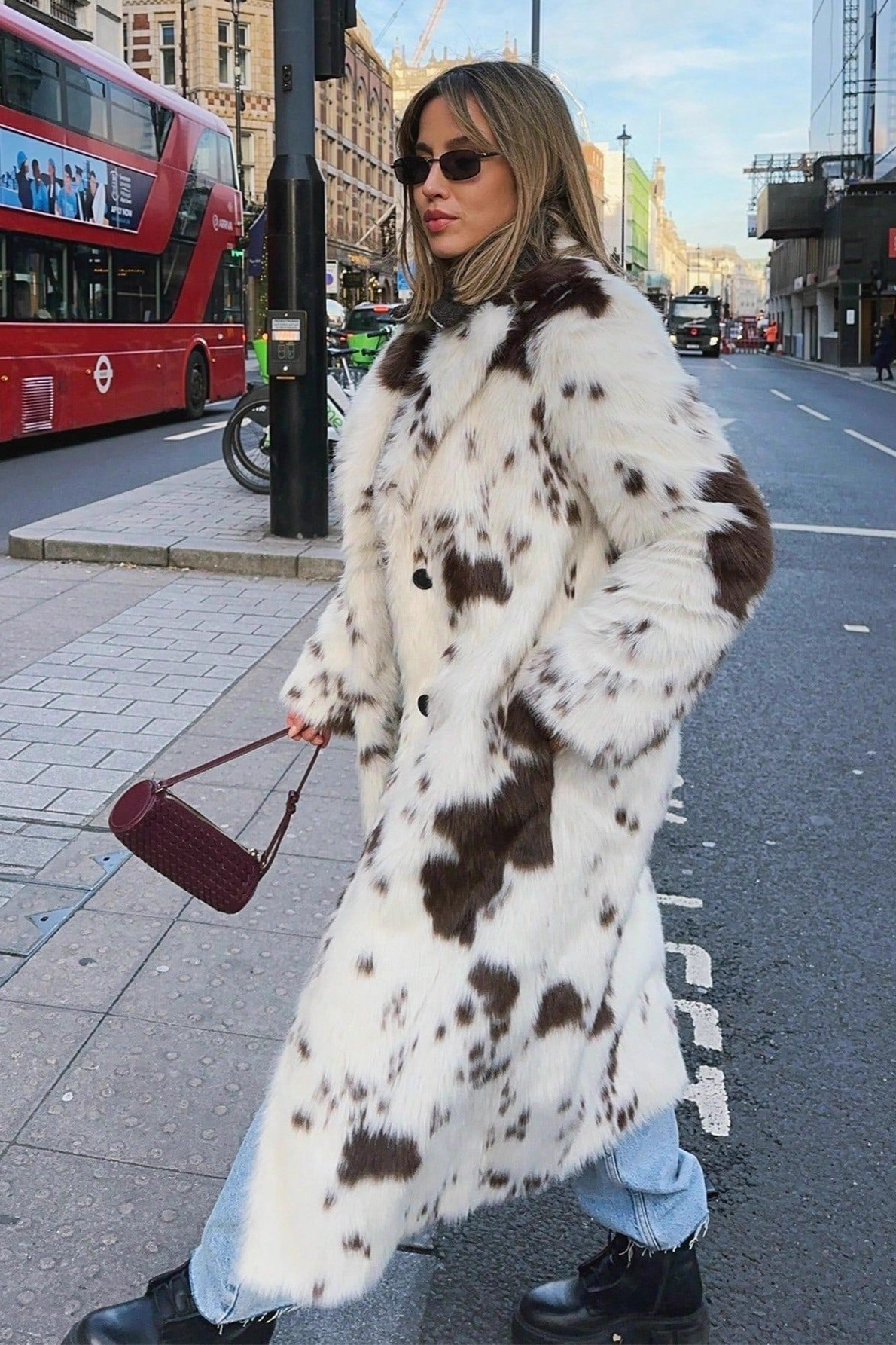 Animal Print Faux Fur Long Sleeve Warm Overcoat - Fashionpara