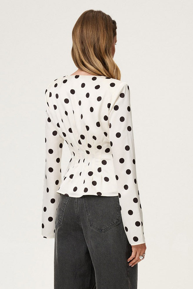 Polka Dot V Neck Fitted Blouse - Fashionpara