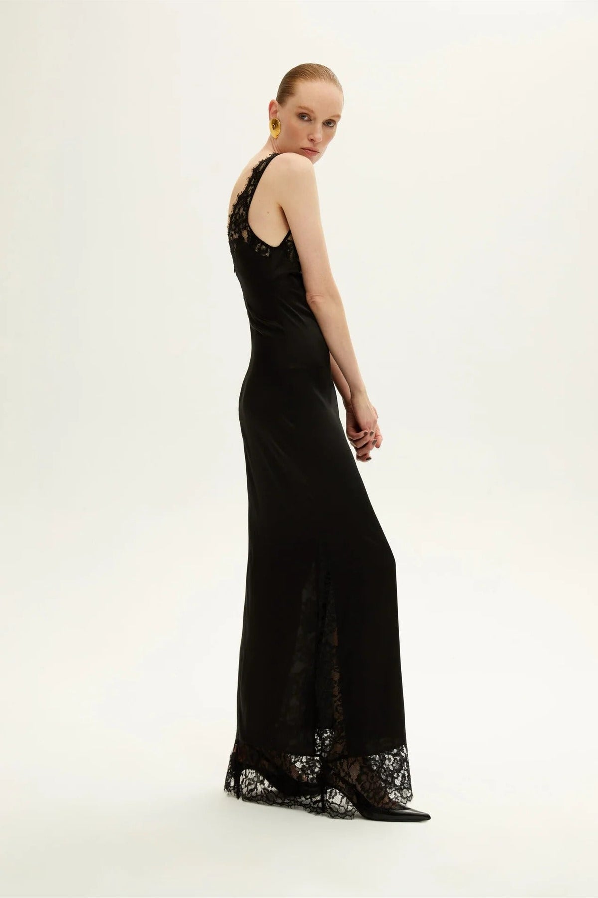 Satin Lace-Trim V-Neck Spaghetti Strap Slip Maxi Dress