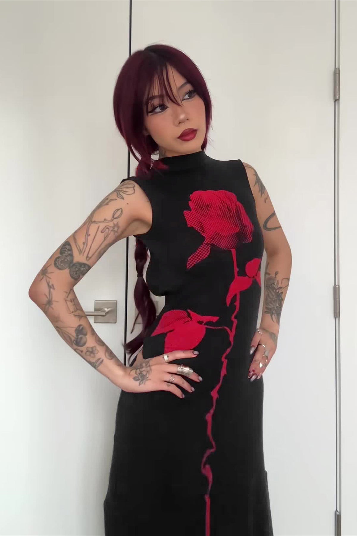 Dark Rose Floral High Neck Sleeveless Side Slit Bodycon Maxi Dress