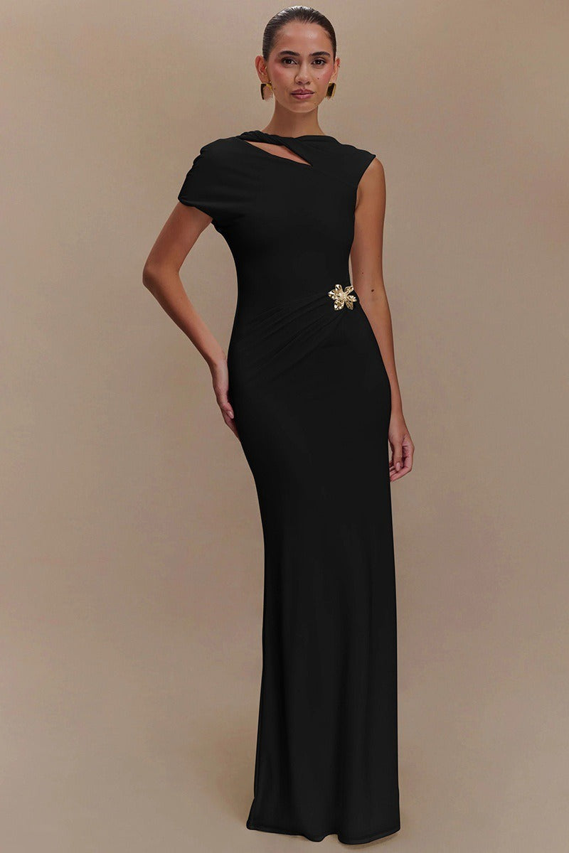 Asymmetric Cutout Cap-Sleeve Ruched Mermaid Gown