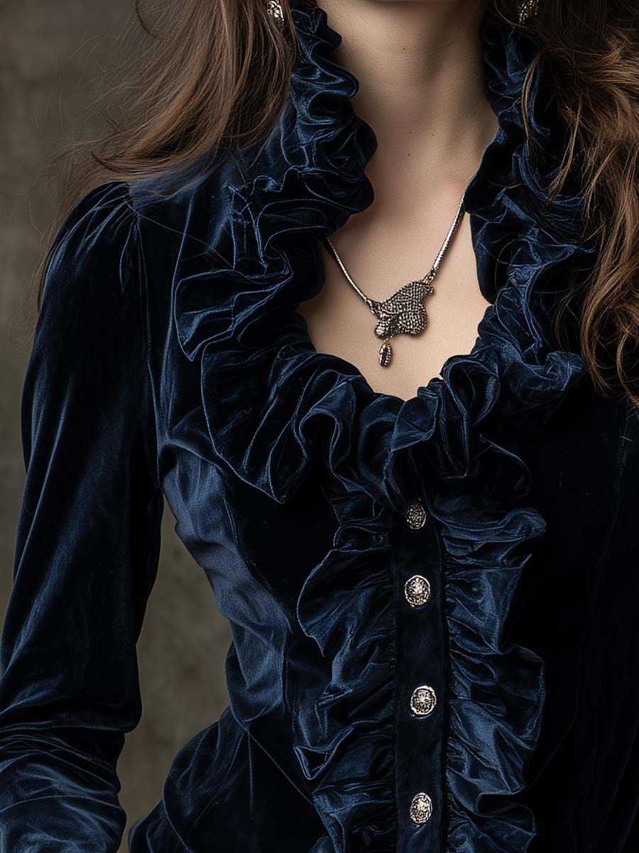 Midnight Blue Ruffled Velvet Shirt With Crystal Buttons - Fashionpara