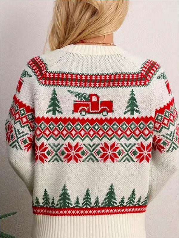Tree Print Crew Neck Color Block Embroidery Sweater