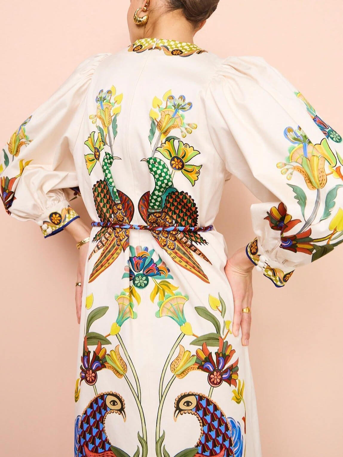 Printed Puff Sleeve Belted A-Line Maxi Dress