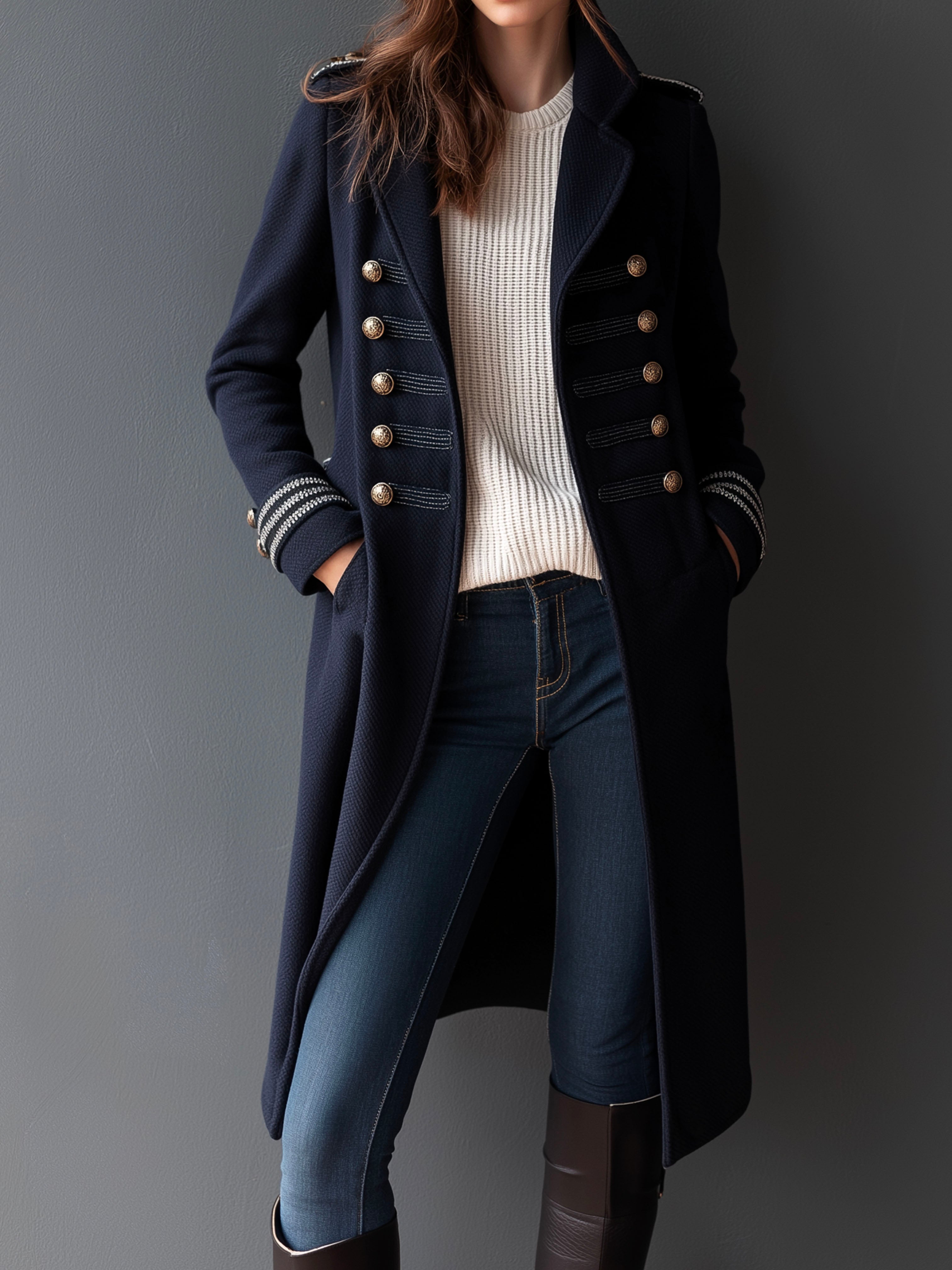 Vintage Military Style Double-Breasted Wool Blend Peacoat