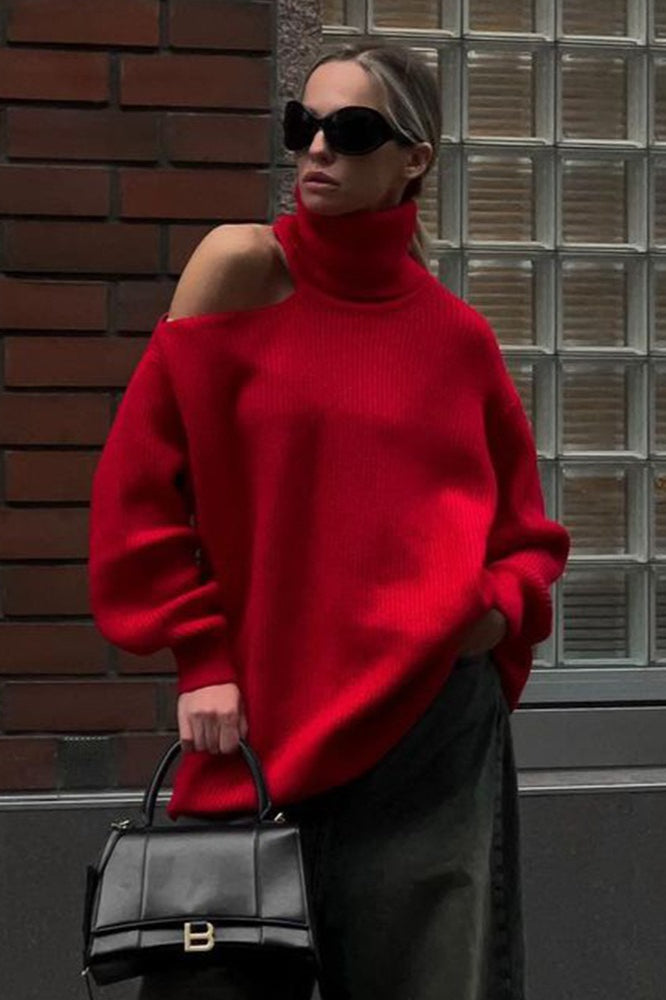 Off Shoulder High Neck Knit Sweater