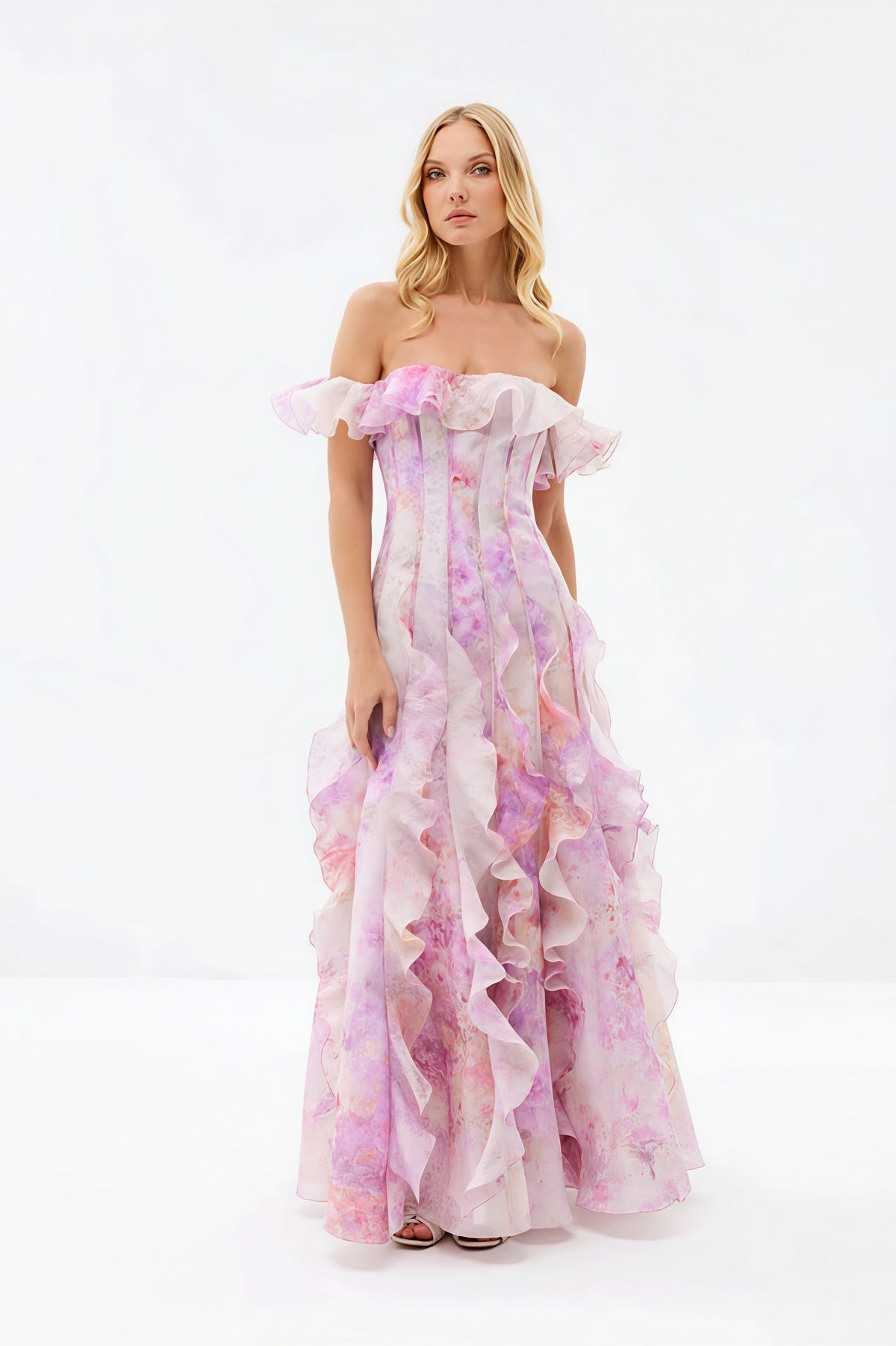 Watercolour Print Off Shoulder Ruffle Maxi Gown 7