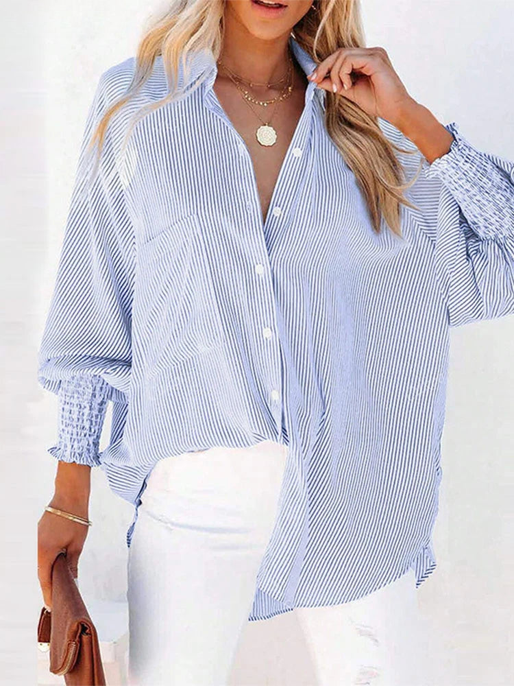 Pleated Lapel Neck Lantern Sleeve Blouse