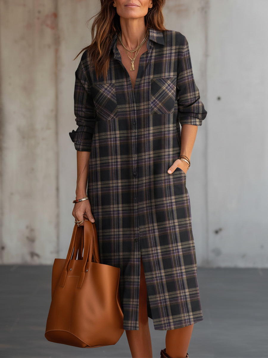 Retro Wool Plaid Straight Shirt Mid-length Dress - Fashionpara