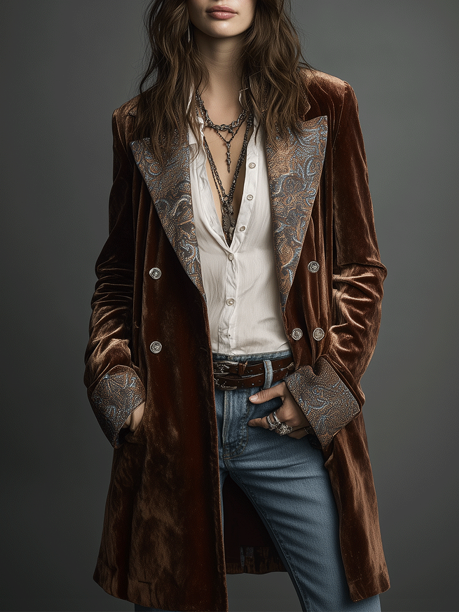 Bohe Chestnut Printed Velvet Long Coat - Fashionpara