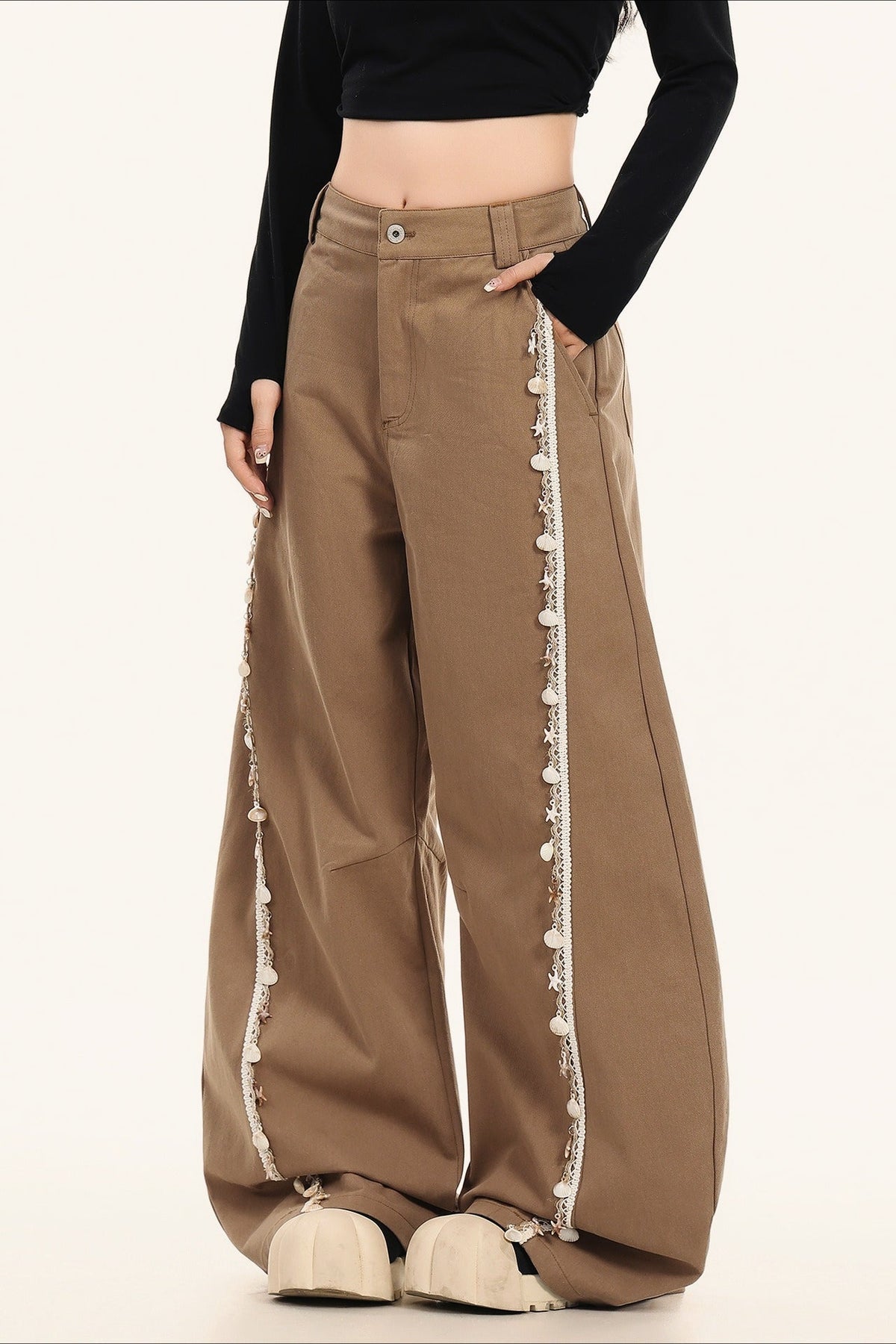 Artistic Bootcut Shell Pendant Wide Leg Casual Pants