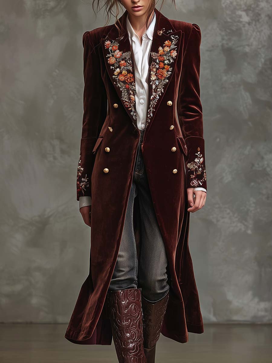 Wine Velvet Embroidered Long Coat With Gold Buttons - Fashionpara
