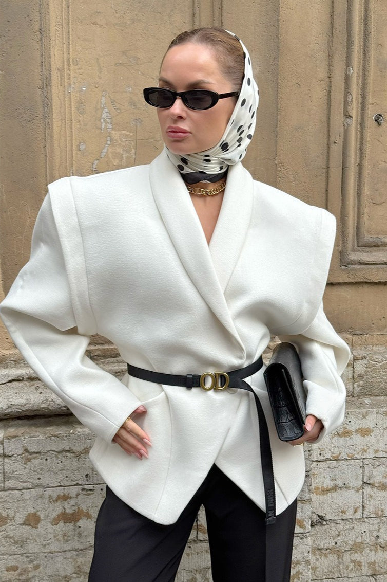 White Wool Blend Belted Trench Coat