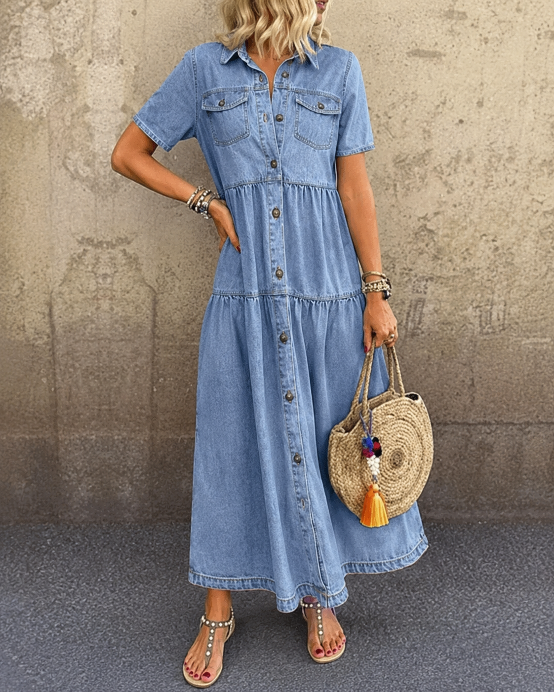 Collared Short Sleeve Button Front Tiered Denim Midi Dress 2