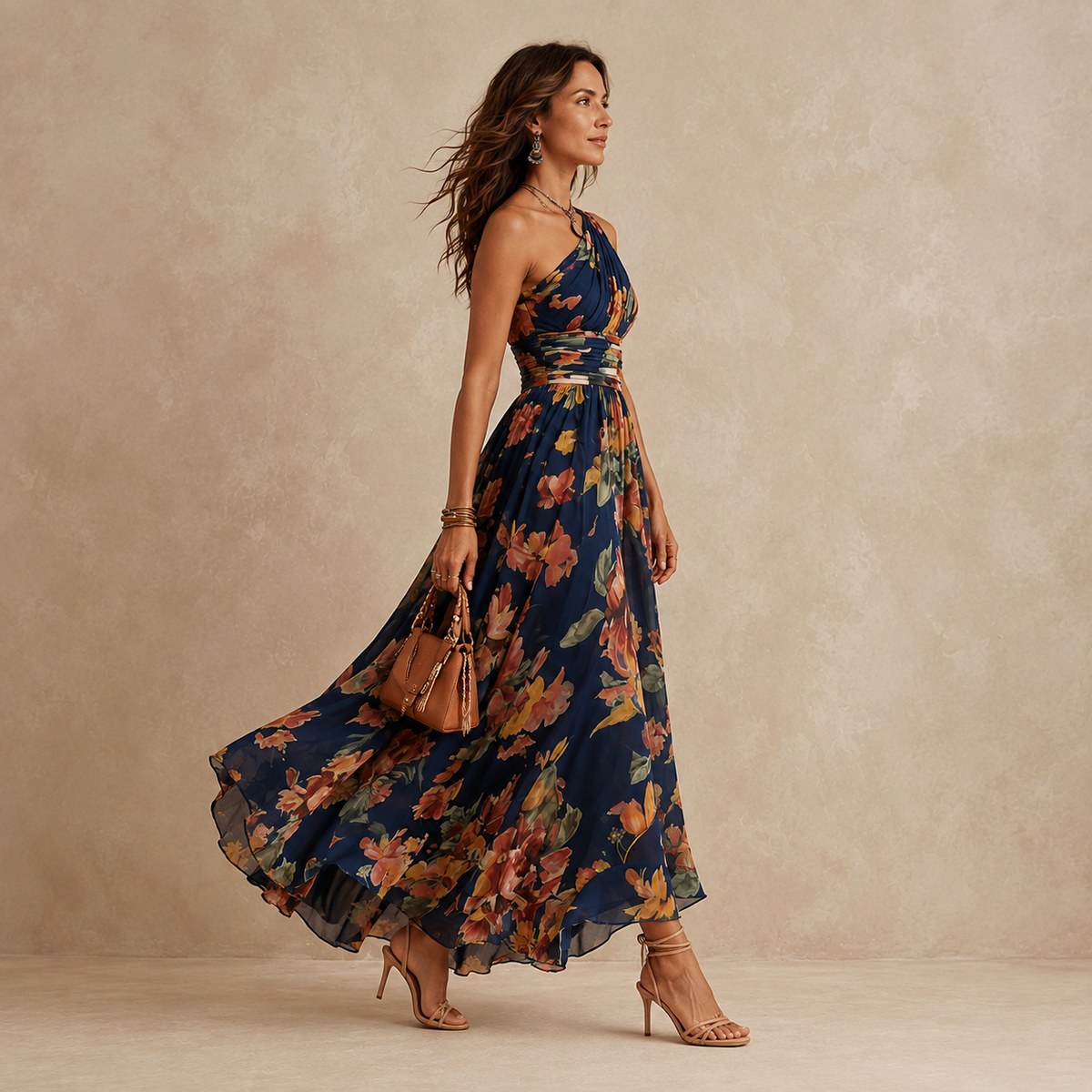 Floral One Shoulder Ruched High Low Maxi Dress 3