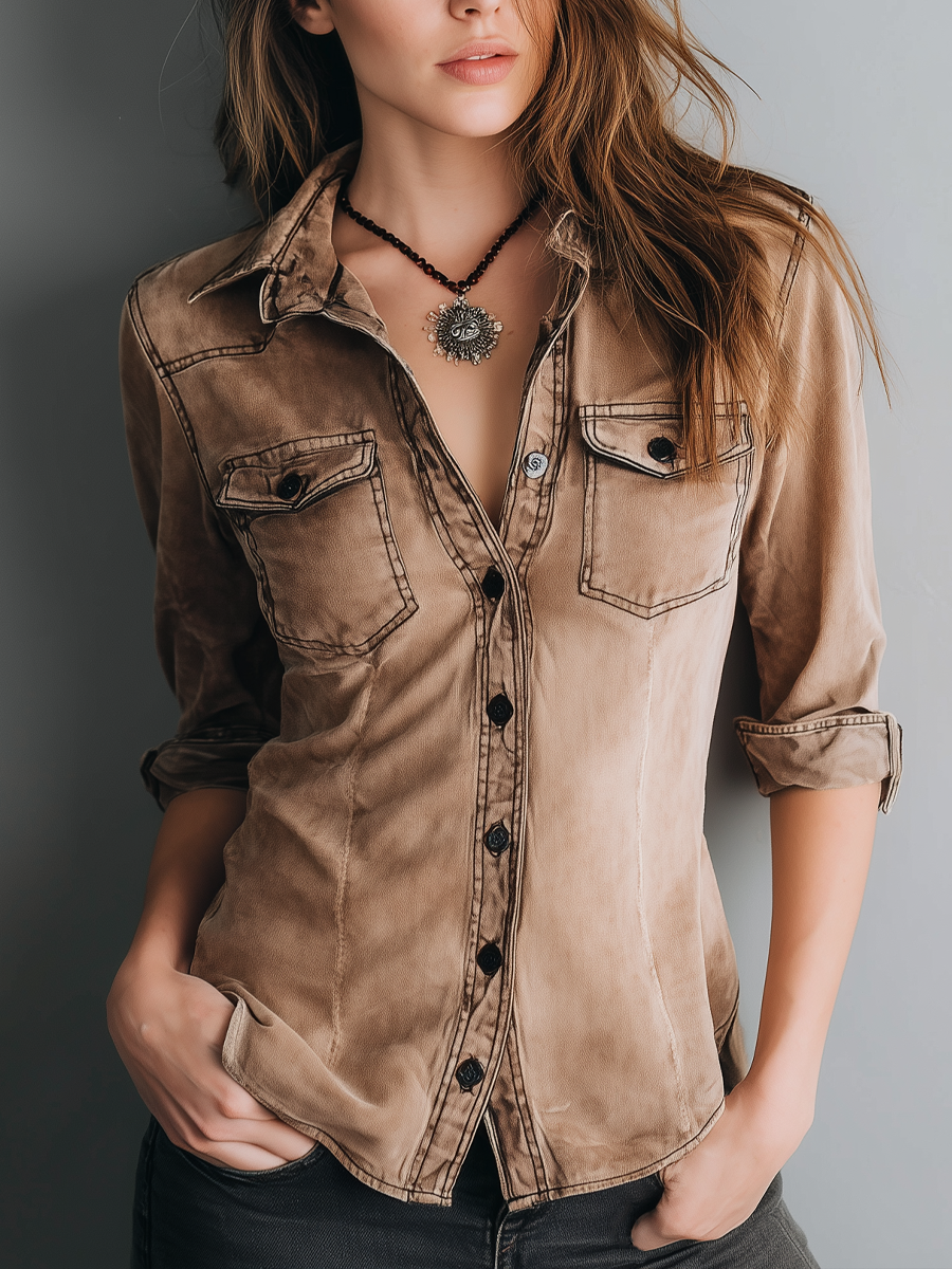 Retro Washed Contrast Stitching Blouse - Fashionpara