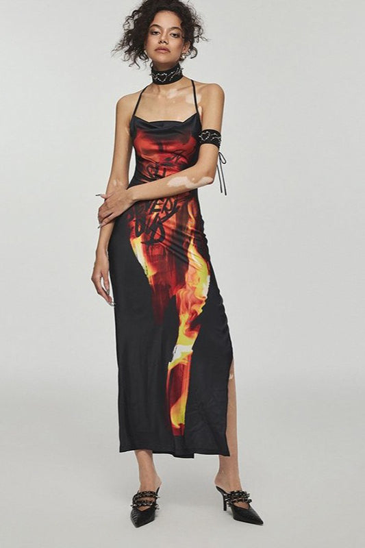 Flame Print Cowl Neck Backless Maxi Dress