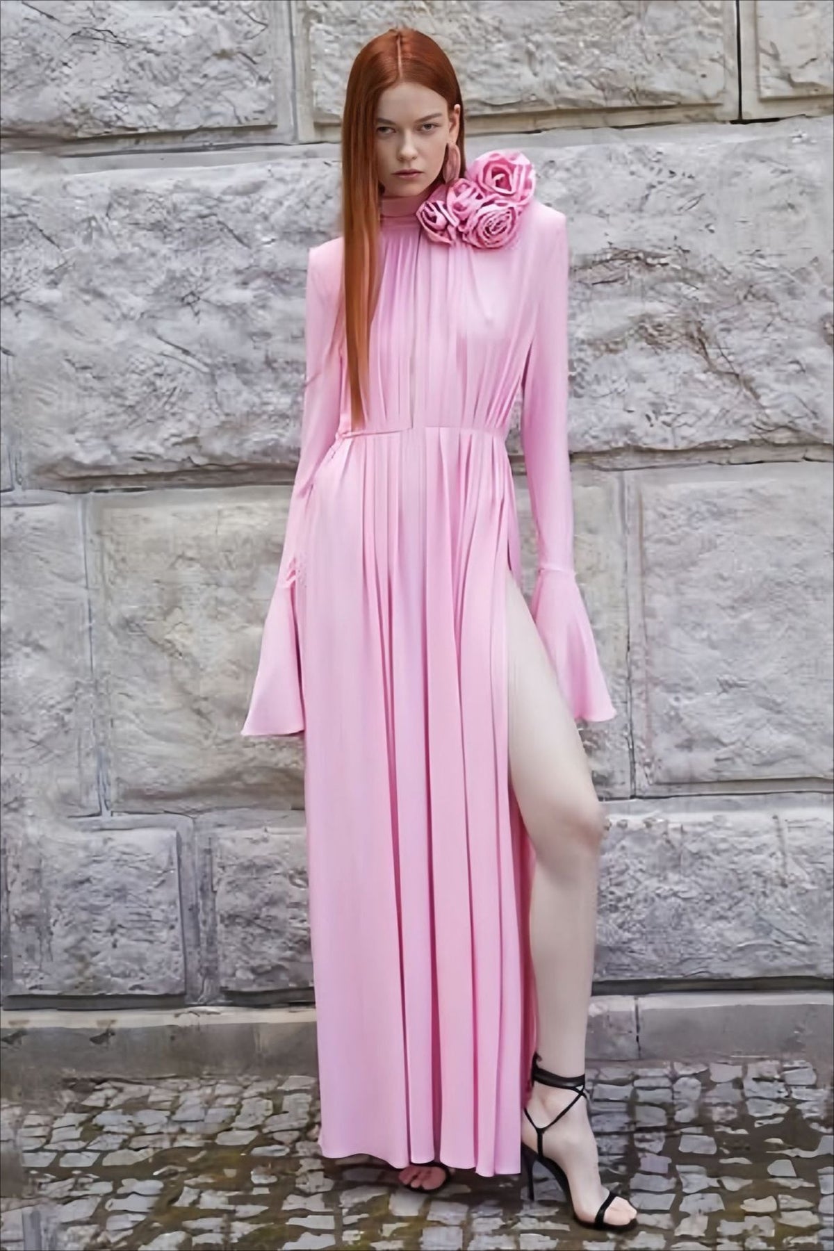 Elegant Retro Cutout Deep V Halter Ruched 3D Floral Party Dress