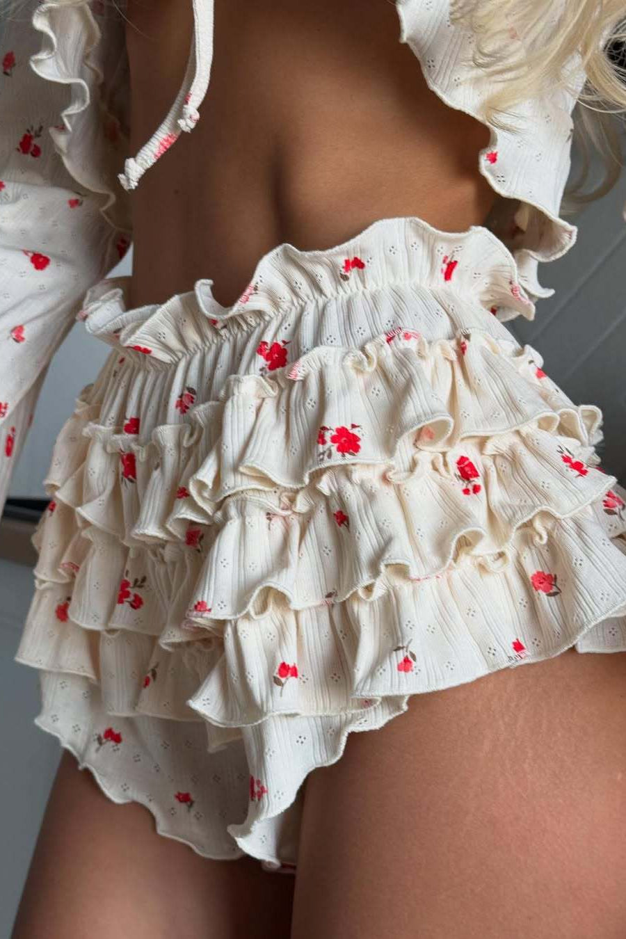 Floral Knitted Short Long Sleeve Shorts Loungewear Two Piece Set