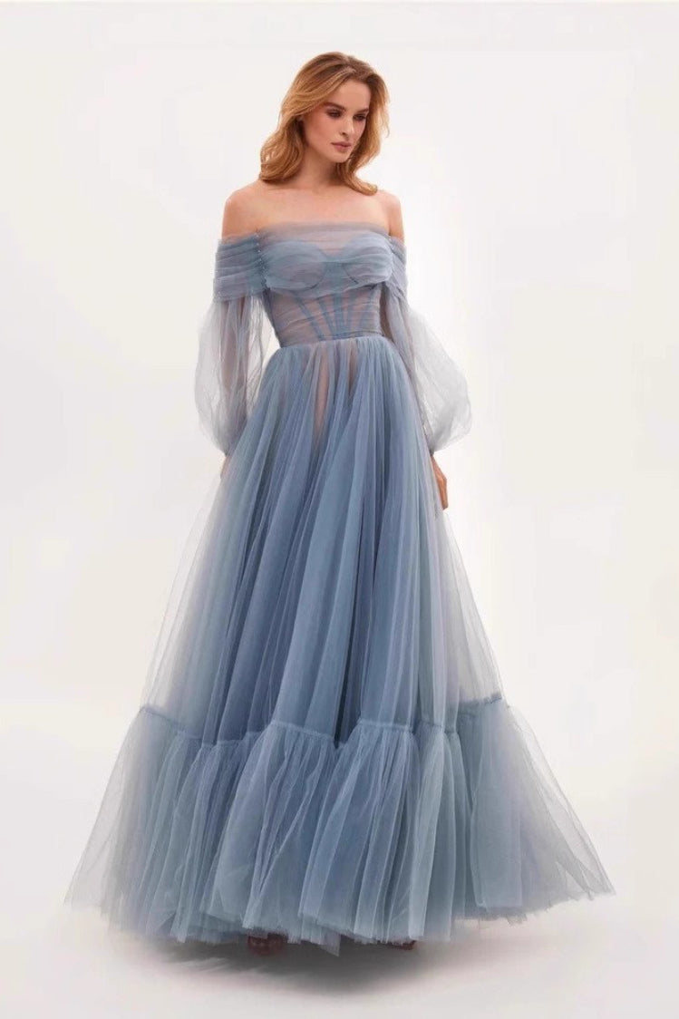 Tulle Off Shoulder Long Sleeve Corset A-Line Maxi Gown