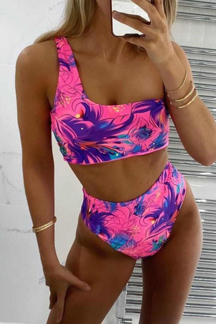 One Shoulder Floral Print Pink Tankini Bikini Set - Fashionpara