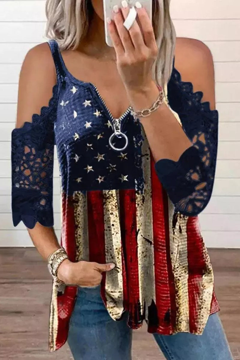 American Flag Star Striped Lace Cold Shoulder Blouse  Fashionpara