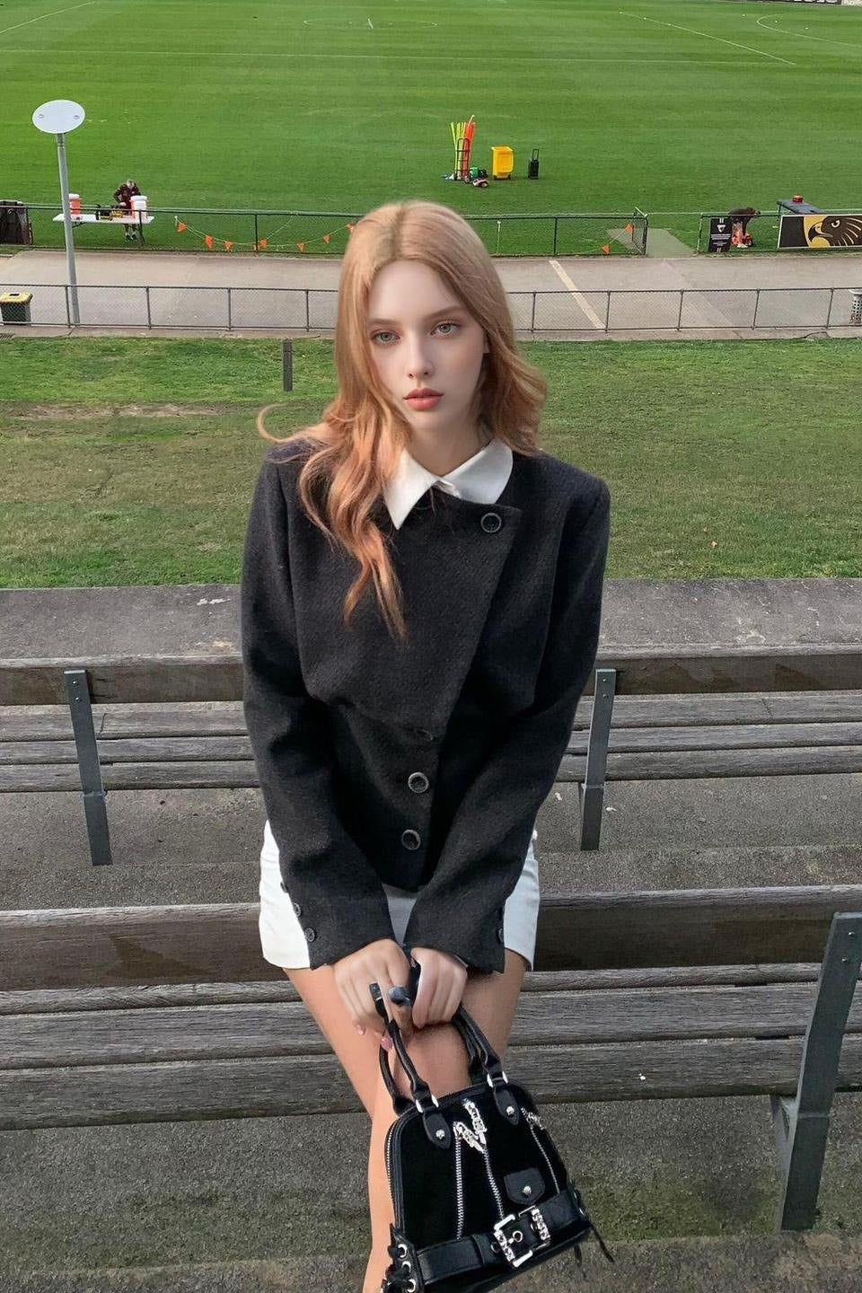 Elegant Solid Wool Faux Two-Piece Tapered Notch Collar Coat