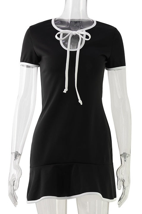 Bow Tie Short Sleeve Contrast Trim Flared Mini Dress