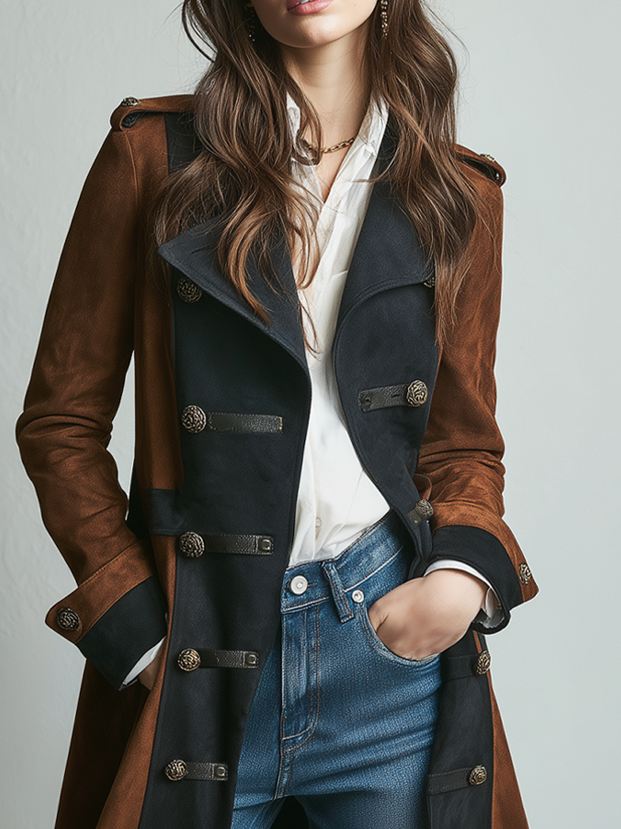 Retro Contrast Color Military Style Eco-friendly Suede Coat - Fashionpara
