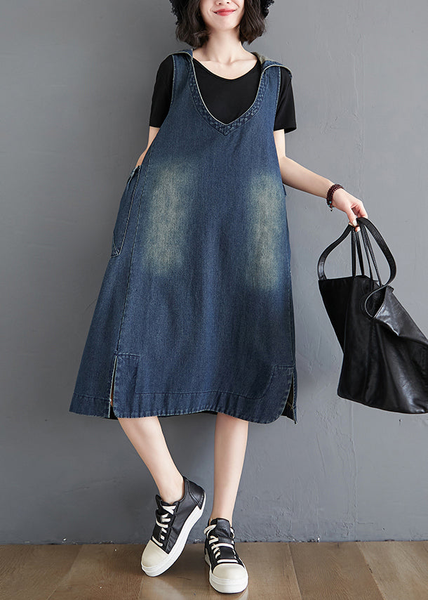 Denim Deep V-Neck Sleeveless Patch Pocket Distressed Wash Dress - View 3