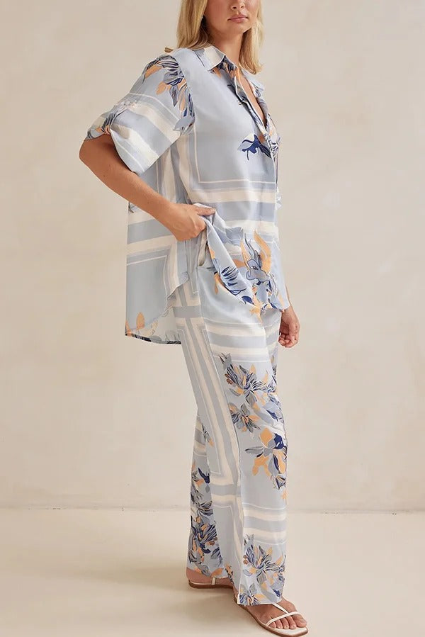 Fashionable Plant Print Loose Lapel Short Sleeve Shirt and Casual Elastic Waist Pocket Pants Set - Fashionpara