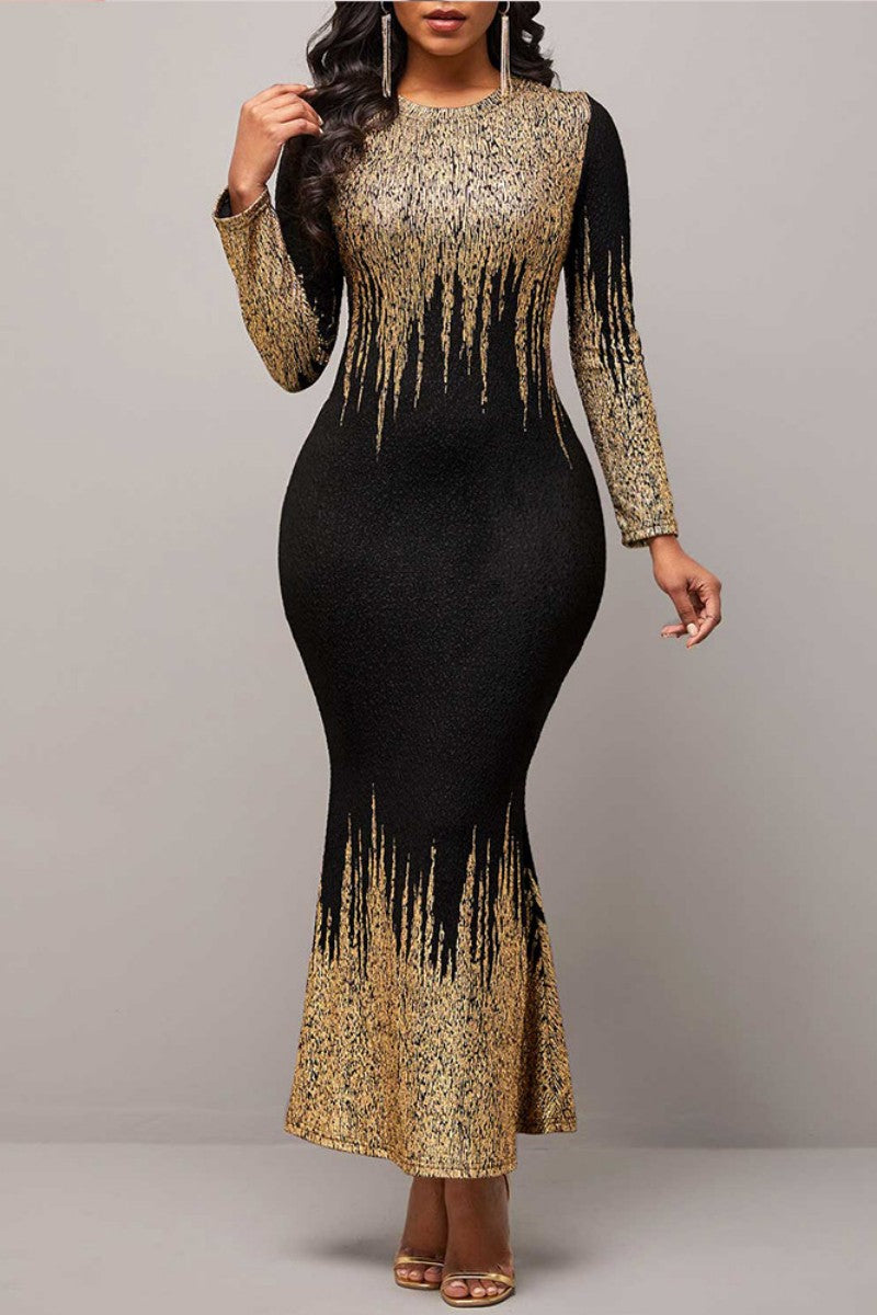 Casual Print Patchwork O Neck Long Sleeve Dresses  Fashionpara