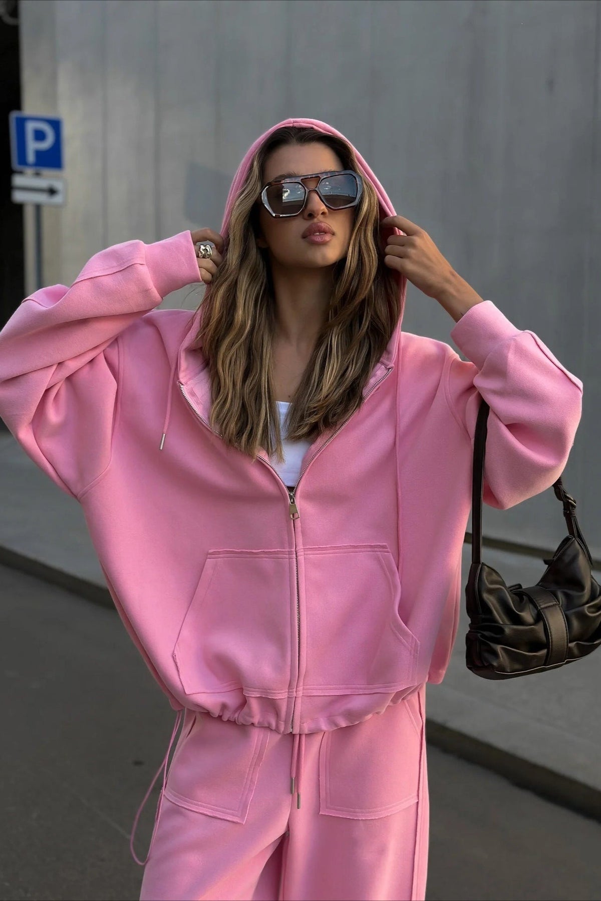Solid Oversized Zip Front Hoodie Two Piece Set