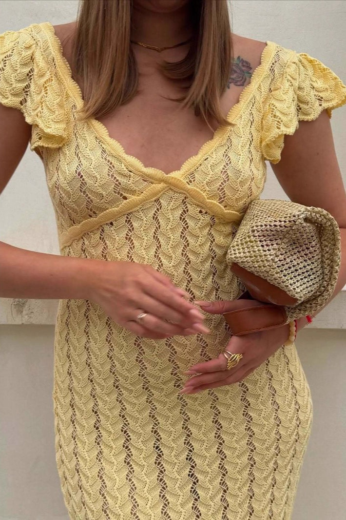 Crochet Knit V-Neck Flutter Sleeve Bodycon Maxi Dress 2