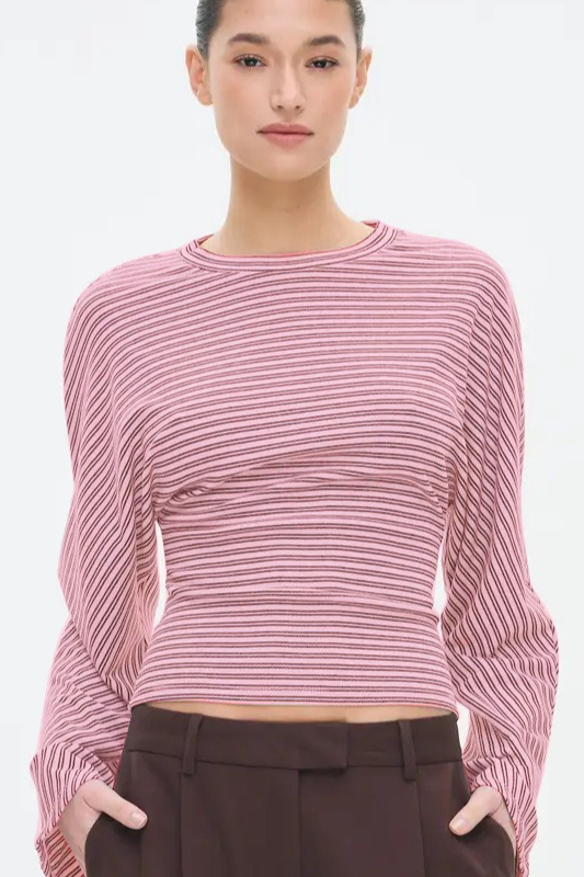 Striped Slim Waist Short Long Sleeve Crop Top