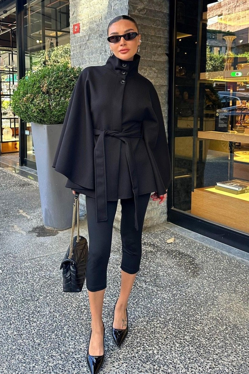 Belted High-Quality Stand Collar Coat for Elegant Style