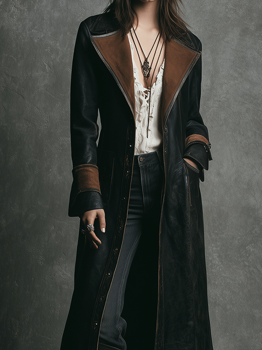 Vintage Brown Contrast Lapel Leather Trench Coat