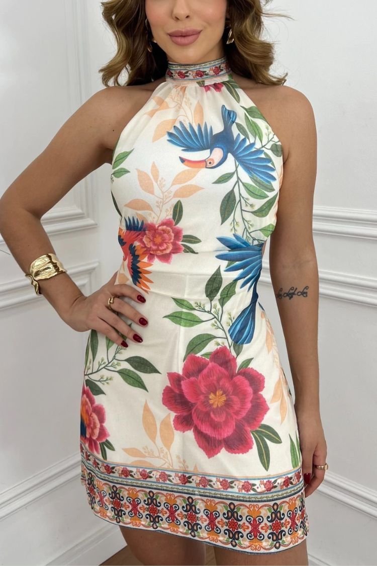 Susanne Floral Print Halter Backless Lace-up Mini Dress - Fashionpara