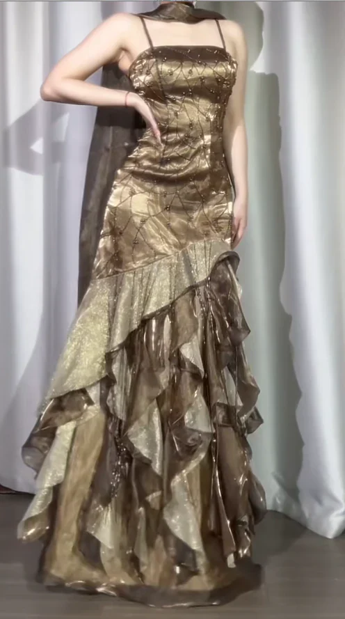 Gorgeous Sheath Long Prom Dress Spaghetti Straps Birthday Dress Beaded Satin Formal Dresses - Fashionpara