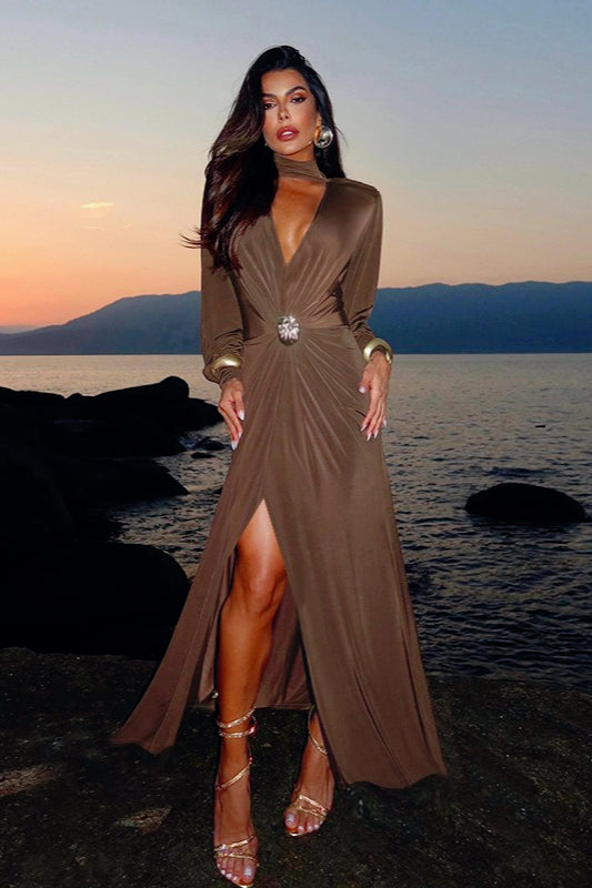 Long Sleeve High-Neck Plunge Ruched High-Slit Maxi Dress