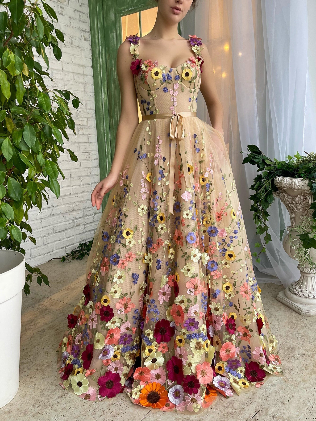 Beige Sweetheart A Line Embroidery Long Prom Dress With 3D Flowers - Fashionpara