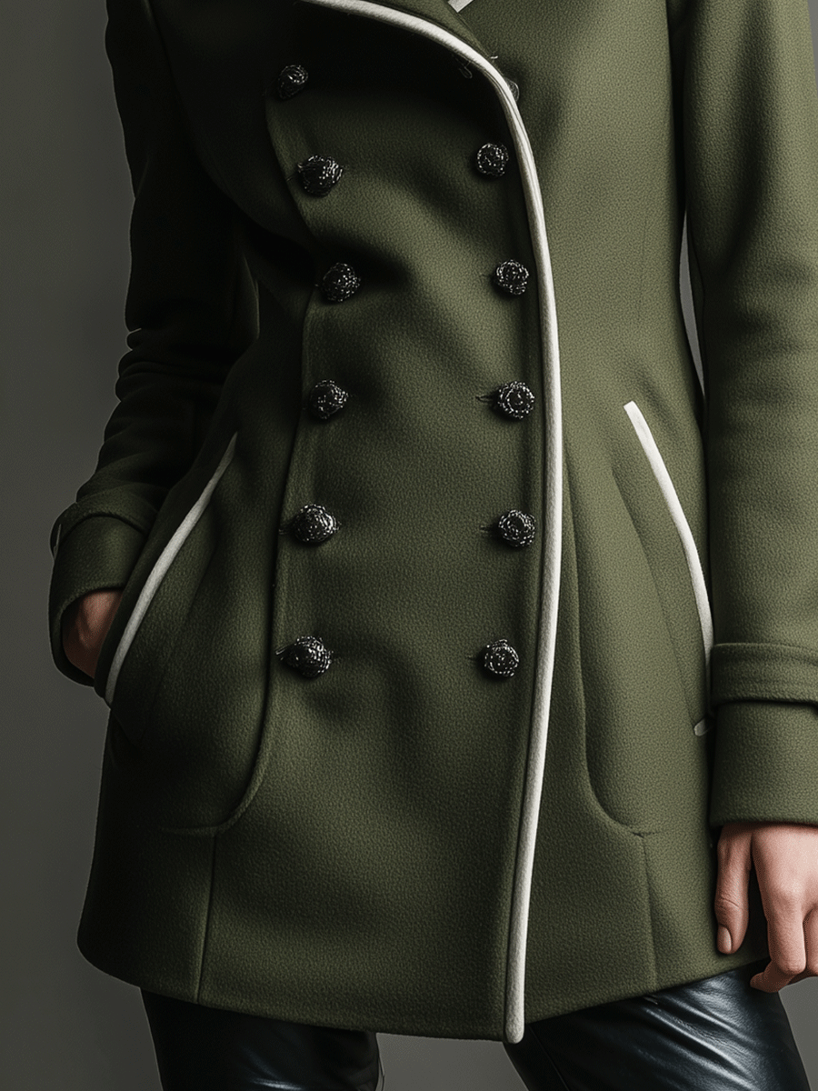 Military-Inspired Olive Trench White Trim Coat
